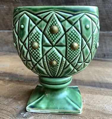 Vintage Pottery Planter Vase Art Deco Geometric Pattern Green W/ Gold Accents • $26