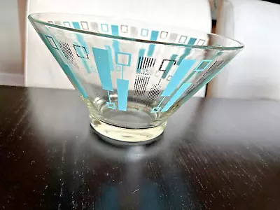 MCM Large Glass ANCHOR HOCKING Atomic GEOMETRIC Chip Bowl Turquoise Gold 10 3/4  • $18