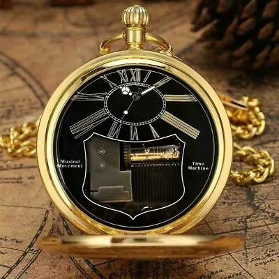 Music Box Pocket Watch Gold Color Case Antique Style Uncommon Quartz Watch • £14.24