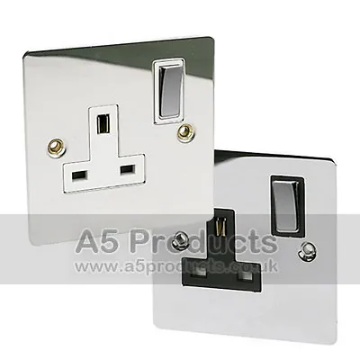 13 Amp Single Wall Plug Socket 1 Gang Polished Chrome Flat Style Silver Effect • £8.99