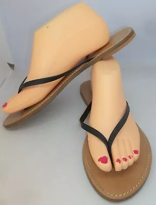 J Crew Black Leather Sandals Flip Flops Thongs Size 9 Italy • $16.99