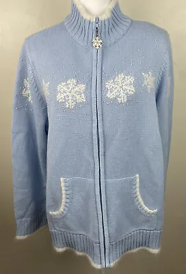 NWT Quacker Factory Snowflake Sweater Women's L Zip Front Cardigan Embroidered   • $29.99