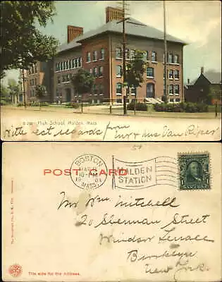 High School Malden Massachusetts MA Mailed 1908 UDB RARE DPO MALDEN STA BOSTON • $1.88
