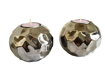 Hammered Metal Chrome Effect Ceramic  Globe Tea Light Candle Holder Pair • £12