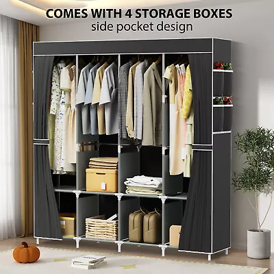 Four-column Canvas Wardrobe With Hanging Rail Shelving Clothes Storage Cupboard • £29.99