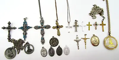Lot 21 Pcs Vintage Religious Jewelry Cross Pendants Medals Locket Necklace Pin • $21