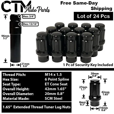 24x Black 1.6  Tall 14x1.5 ET Spline Tuner Lug Nut Fit Armada/Titan XD/QX56/QX80 • $24.99