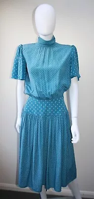 Vintage 1970s Valentino 'Miss V' Dress Blue  Polka Dot Silk It 40 UK 8 • £75