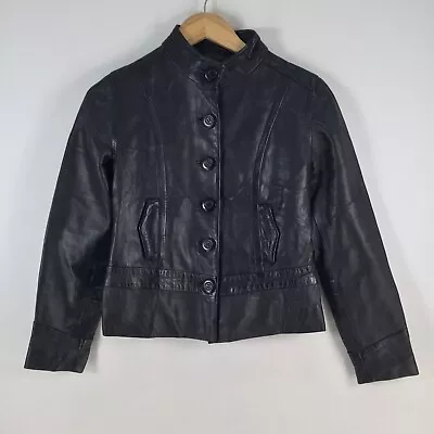 Tough Womens Leather Jacket Size 8 Black Long Sleeve Buttoned Biker 079281 • $69.95