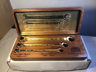 XRARE MAC TOOLS 3 PC 24K GOLD 60TH YEARS / ANNIVERSARY WRENCH SET In WOODEN CASE • $48