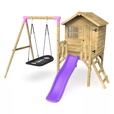 £849.95 • Buy Rebo Orchard 4FT X 4FT Wooden Playhouse + Swings, 900mm Deck & 6FT Slide - Boat 
