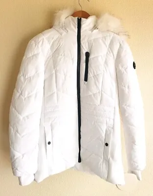 Michael Kors Hooded Puffer Jacket Size Large Faux Fur White Quilted  • $45