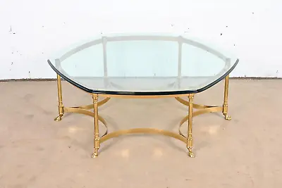 Labarge Hollywood Regency Brass And Glass Hooved Feet Cocktail Table Circa 1960 • $1185