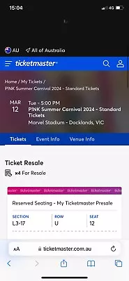 Pink Concert Ticket Melbourne  • $20