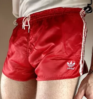 1980s Adidas Red Silky Sprinter Running Shorts Made In West Germany M W34 • £60