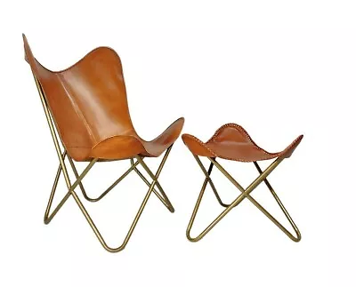 Buffalo Tan Leather Vintage Butterfly Chair Folding With Rest Chair Footstool • $189