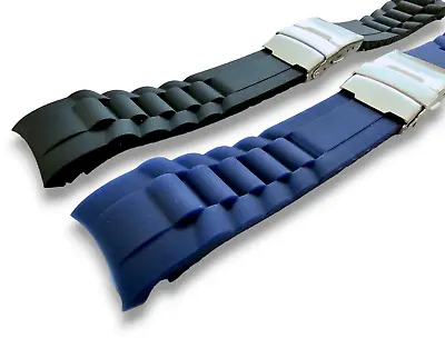 Curved End Silicone Rubber Deployment Watch Strap Band 18 20 22 Mm Black Blue • £11.95