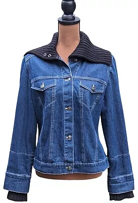 90s Denim Trucker Jean Jacket M Black Knit Shawl Collar Cuff  Gloria Vanderbilt  • $21.68