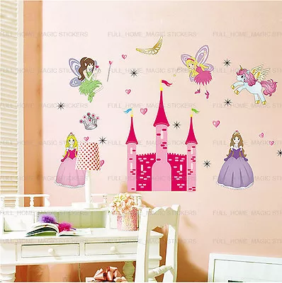 X-Large Pink Fairy Princess Castle Wall Stickers Girls Kids Bedroom Art Decal • £8.98