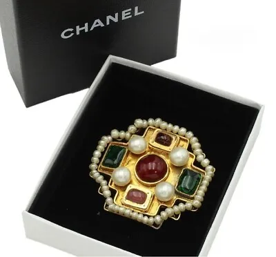 Vintage CHANEL Multicolor Gripoix And Faux Pearl Gold Plated Pin Brooch With Box • $2750