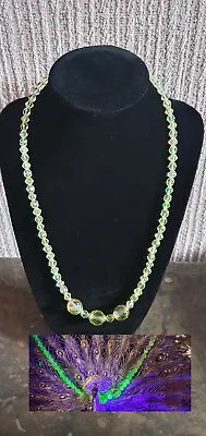 Czech Uranium Glass Necklace Vaseline Glass Beads Vintage Jewelry #24030 • $23.33