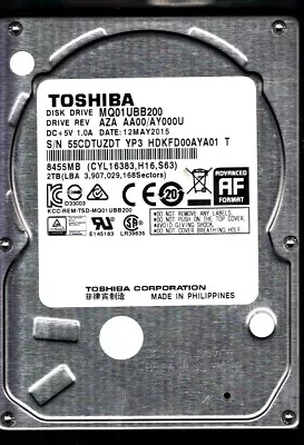 Mq01ubb200 Hdkfd00aya01 T Rev: Aza Aa00/ay000u 2tb May 2015 Philippines Toshiba • $134.99