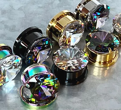 PAIR Large CZ Gem Screw Fit Tunnels Ear Plug Gauges - 8 Color Combos Available! • $16.95