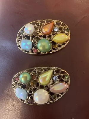 Vintage Musi Rhinestone Polished Stone & Gold Tone Shoe Clips Costume Jewelry • $12