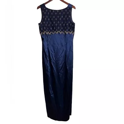 Vintage Jessica McClintock Navy Blue & Gold Lace Overlay Maxi Long Dress Gown 16 • $42.99