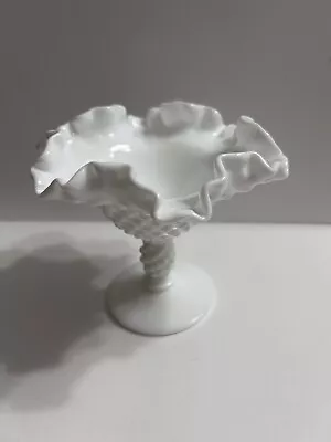 Vintage Fenton Hobnail Milk Glass Candy Dish Compote Ruffled Edge 6  Marked • $19.99