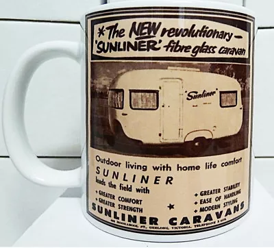 300ml COFFEE MUG VINTAGE SUNLINER FIBRE GLASS CARAVANS - OLD ADVERT • $21.20