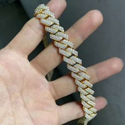 Genuine Moissanite Men's Fancy Cuban Link Bracelet 7.5  14k Yellow Gold Plated • $477.36