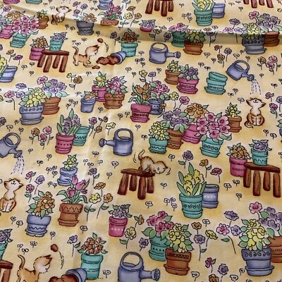 Vintage Fabric Material Quilting Yellow Cats Flowers 13 1/2” X 50 • $2.49