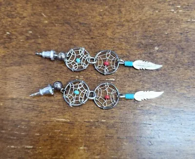 $13.20 • Buy Vintage Silver, Turquoise And Coral Southwestern Earrings
