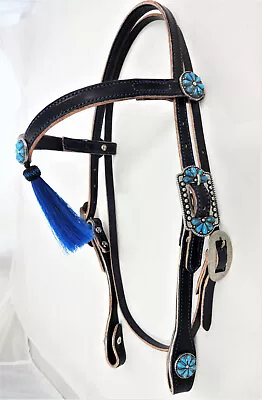 $129.99 • Buy V Browband Navy Blue Harness Leather Horse Headstall Turquoise Flower Conchos 