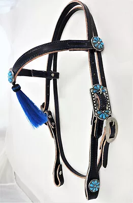 V Browband Navy Blue Harness Leather Horse Headstall Turquoise Flower Conchos  • $129.99