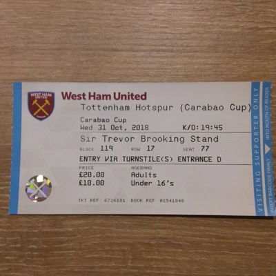 £2.99 • Buy Ticket 2018/19 West Ham Utd V Tottenham Spurs (Carabao Cup)