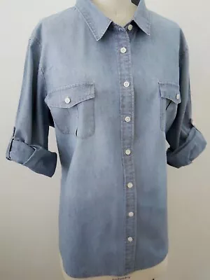 J.Crew Denim Chambray Perfect Shirt Top Roll-Tab Sleeves Women's Sz.XL ~EUC~ • $19.99