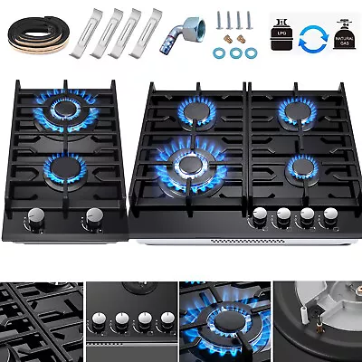 Gas Hob 2-4 Burners Black Glass Built In Gas Cooktop Cast Iron Support NG/LPG • £153.99