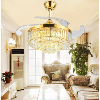 42  Invisible LED Ceiling Fan Light Crystal Retractable Chandelier Lamp Remote • $127