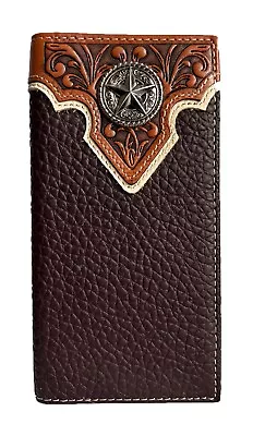 Mens Leather Wallet Western Texas Star Bi-fold Cowboy Floral Tooled Checkbook • $26.99