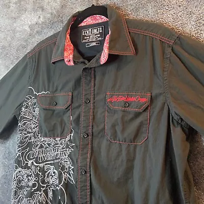 Ecko Unltd Button Up Shirt Mens Large Black Embroidered Streetwear Y2K Casual • $14.88