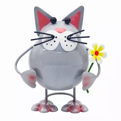 Short Grey Cat Holding Flower Metal Ornament Garden Figurine Bobbin Ornaments • £14.99