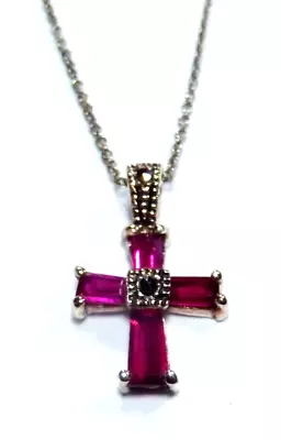 *VINTAGE* STERLING SILVER MARCASITE & SIMULATED RUBY CROSS PENDANT W/18  Chain • $39.99