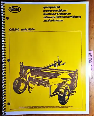 Vicon OM240 Series 16504 Mower Conditioner Parts Manual 70.001.907/4 • $15.99