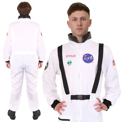 Adults Astronaut Costume Us Space Suit Spaceman Fancy Dress White Jumpsuit Mens • £23.99