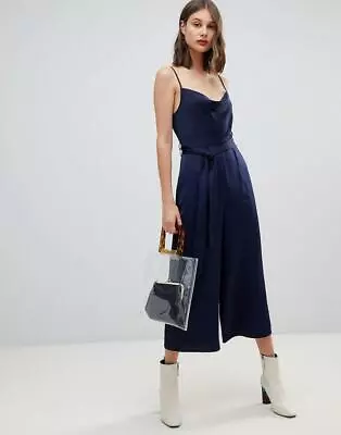 New Warehouse Navy Satin Cowl Neck Wide Crop Leg Jumpsuit Party Wedding Look Uk • £59