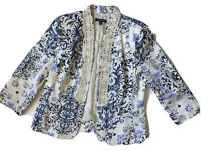 Notations M Blue Tan Floral Lace Trim Open Front Jacket Blazer Top Church Dressy • £9.39