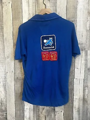 Vintage 1970’s Brunswick Bowling Collared Shirt Blue Medium Polyester King Louie • $24.95