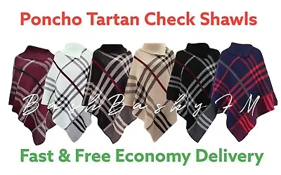 £14.95 • Buy Ladies Womens High Neck Poncho Tartan Check Knitted Winter Shawl Jumper Cardigan